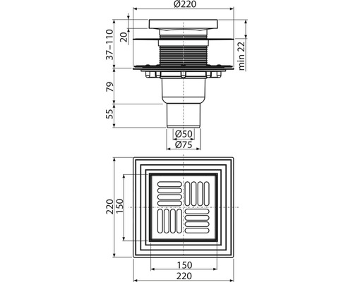 Technische Zeichnung eines Bodenablaufs mit Abmessungen