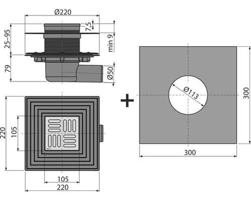 Technische Zeichnung eines Bodenablaufs mit Maßen.