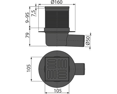 Technische Zeichnung eines Ablaufs mit Maßen.