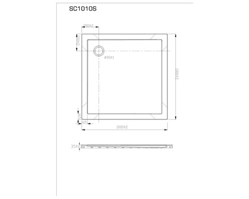 Technische Zeichnung einer Duschwanne mit Maßangaben