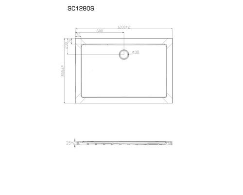 Technische Zeichnung einer Duschwanne mit Maßangaben