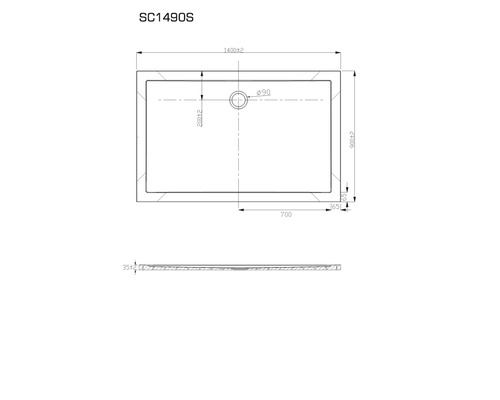 Technische Zeichnung einer Duschwanne mit Maßangaben