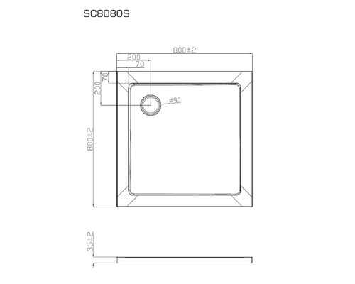 Technische Zeichnung einer Duschwanne mit Maßangaben