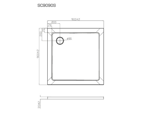 Technische Zeichnung einer Duschwanne mit Maßangaben