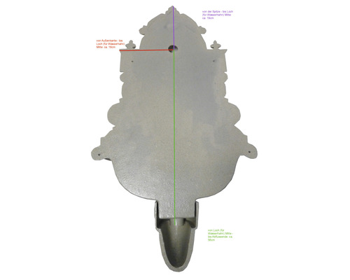 Rückseite eines Ausgussbeckens mit Maßangaben für die Installation