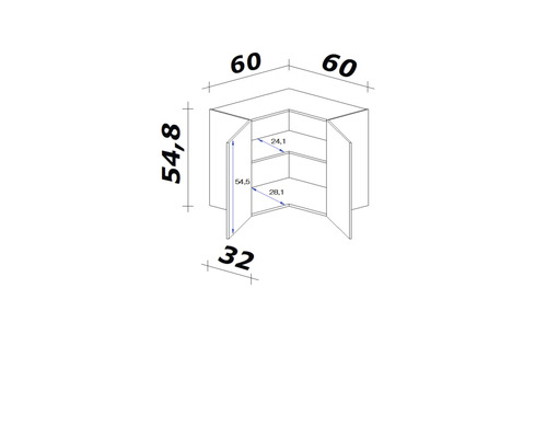 Technische Zeichnung eines Eckschranks mit Maßangaben