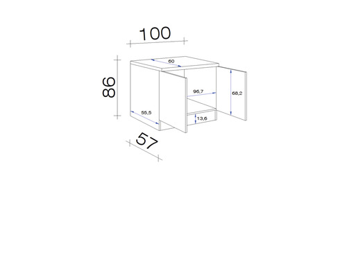 Technische Zeichnung eines Unterschranks mit Maßen.