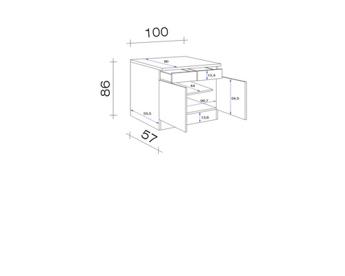 Technische Zeichnung eines Unterschranks mit Schubladen und Tür mit Maßangaben