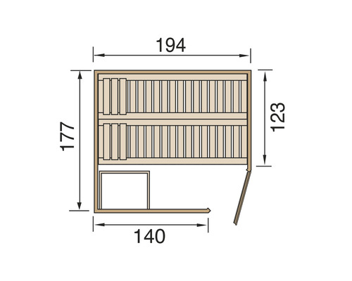 Grundriss einer Sauna mit Maßangaben