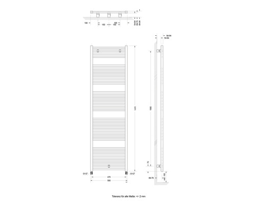 Technische Zeichnung eines Badheizkörpers mit Maßangaben