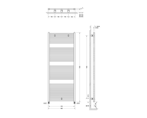 Technische Zeichnung eines Heizkörpers mit Abmessungen