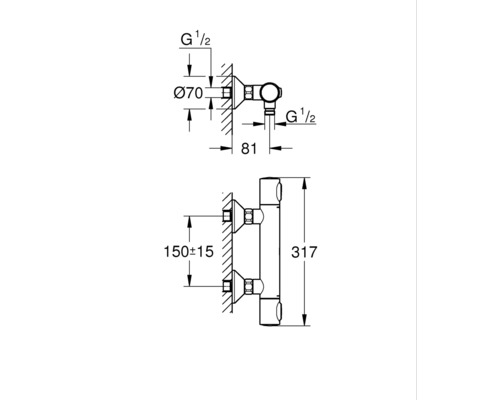 Technische Zeichnung eines Thermostats mit Maßangaben für die Installation