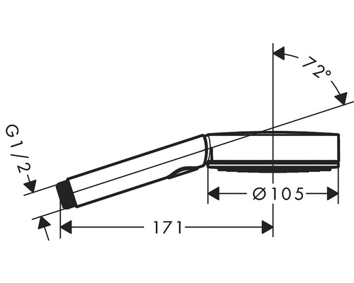 Technische Zeichnung einer Handbrause mit Maßangaben zu Durchmesser, Länge und Neigungswinkel.