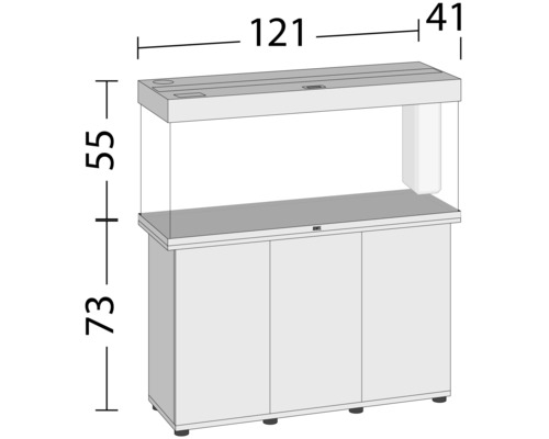 Skizze eines Aquariums mit Unterschrank und Maßangaben