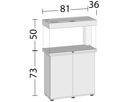 Aquariumkombination mit den Maßen: Höhe 123 cm, Breite 81 cm, Tiefe 36 cm