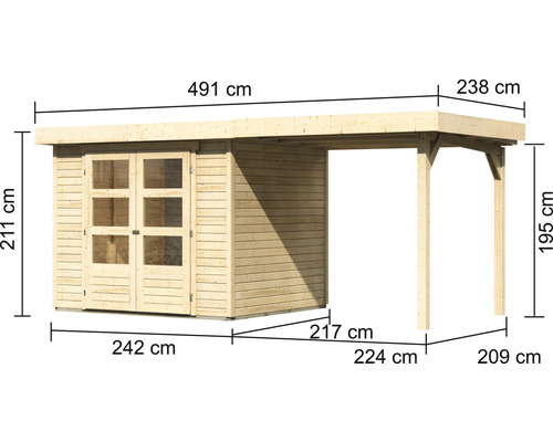 Holz Gartenhaus mit Überdachung und Maßangaben