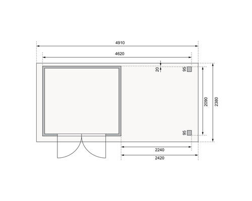Grundriss eines Gartenhauses mit Maßangaben.
