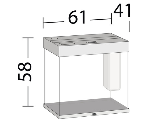 Abbildung eines Aquariums mit den Maßen 61 x 41 x 58 cm.