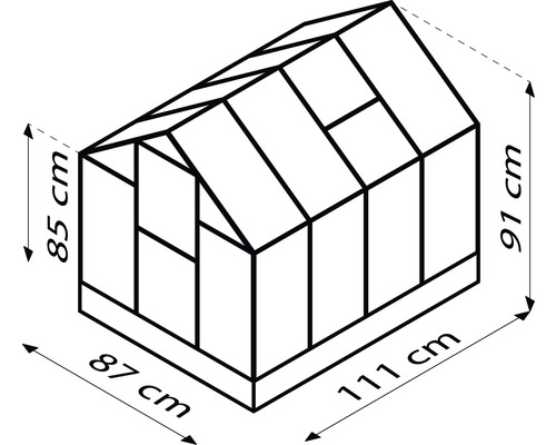 Zeichnung eines Gewächshauses mit den Maßen 85 cm Höhe, 91 cm Höhe, 87 cm Breite und 111 cm Länge.