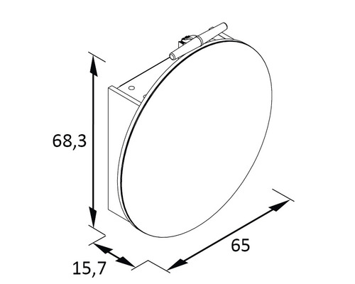 Technische Zeichnung eines runden Spiegels mit Maßangaben.