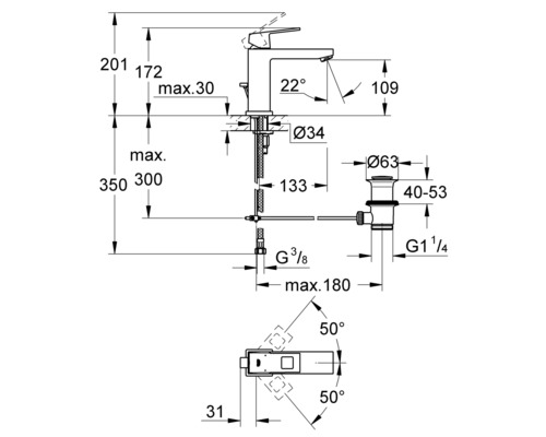 Technische Zeichnung einer Armatur mit Maßangaben