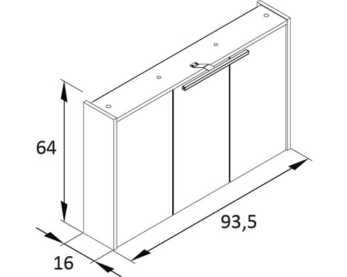Technische Zeichnung eines Spiegelschranks mit Maßangaben