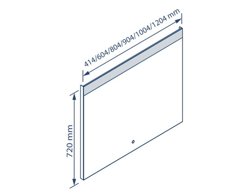 Schema eines Spiegelschranks mit den Maßen 414/604/804/904/1004/1204 Millimeter Breite und 720 Millimeter Höhe.