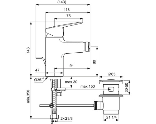 Technische Zeichnung einer Waschtischarmatur mit Maßangaben