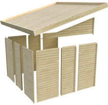 Einzelne Holzelemente für ein Gartenhaus, bestehend aus Wänden und Dach