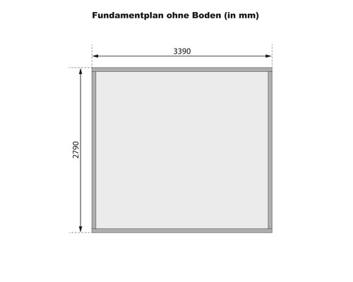 Fundamentplan ohne Boden mit Maßangaben in Millimeter