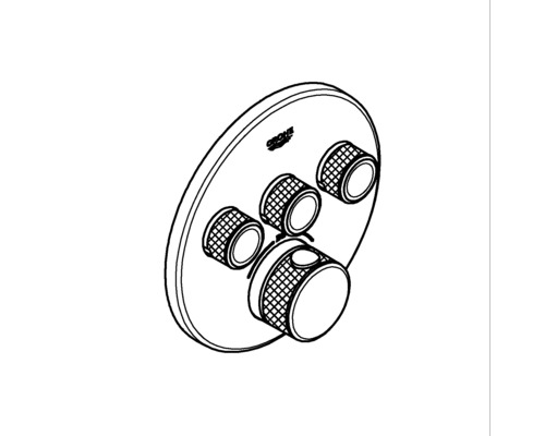 Grohe Logo. Duscharmatur mit mehreren Drehknöpfen zur Steuerung von Wasserfluss und Temperatur.