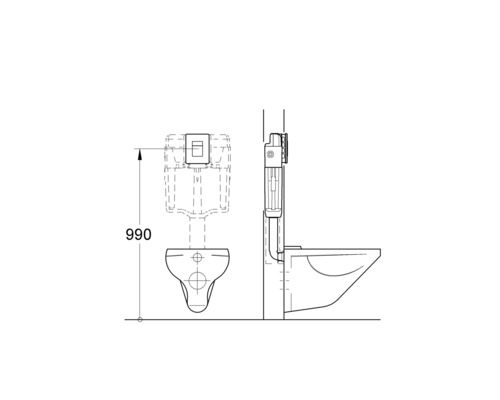 Technische Zeichnung eines Wand-WCs mit den Maßen 990 mm Höhe