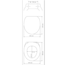Maßzeichnung eines Toilettensitzes mit den Maßen 470 x 365 Millimeter, Lochabstand 80 bis 190 Millimeter.