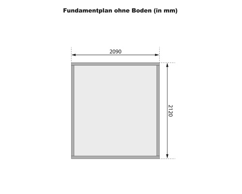 Fundamentplan ohne Boden mit den Maßen 2090 mal 2120 Millimeter