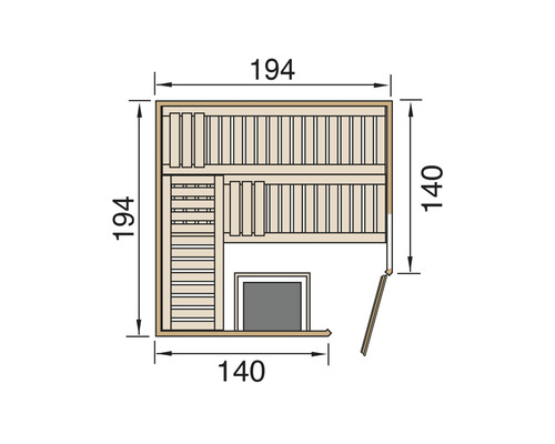 Grundriss einer Sauna mit Maßen 194 x 140 Zentimeter