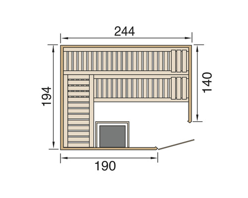 Grundriss der Sauna mit den Maßen 244 mal 194 mal 140 mal 190 Zentimeter