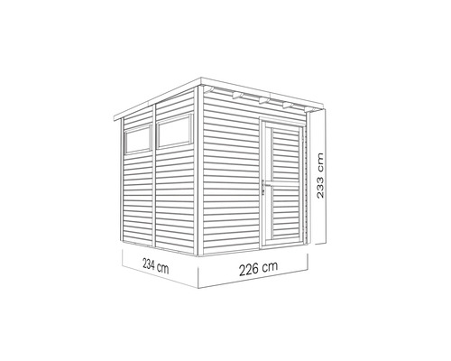 Illustration eines Gerätehauses mit Tür, Fenster und den Maßen 234 x 226 x 233 cm.