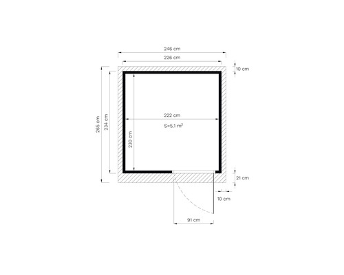 Grundriss mit Abmessungen und Türöffnung