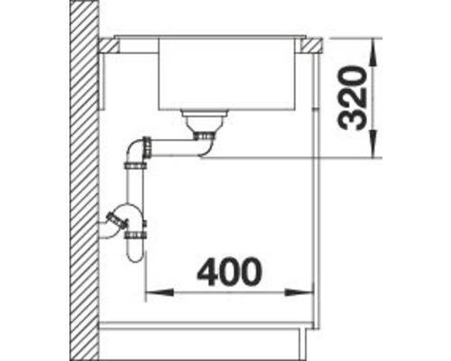 Skizze einer Spüle mit den Maßen 320 und 400 mm für Installationsdetails