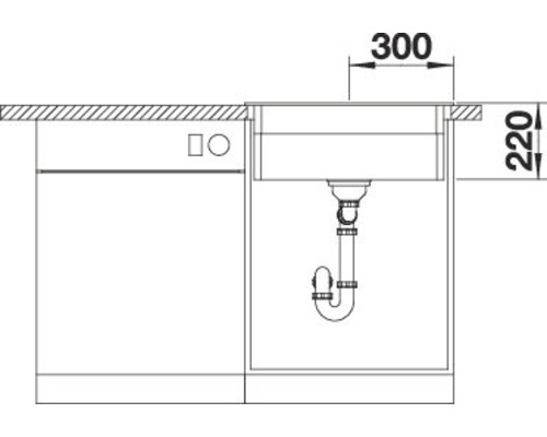 Skizze eines Spülbeckens mit Abmessungen für die Küchenplanung