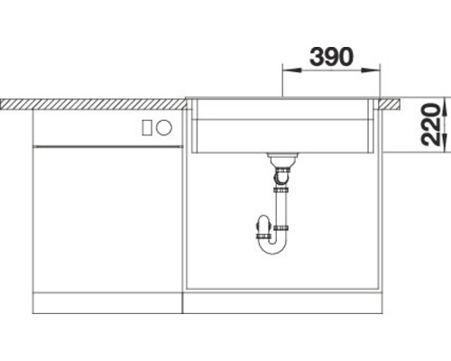 Technische Zeichnung einer Spüle mit den Maßen 390 mal 220 Millimeter.
