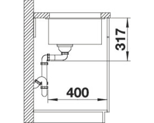 Skizze einer Spüle mit Abmessungen und Siphon