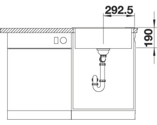 Zeichnung einer Spüle mit Maßangaben für die Installation.