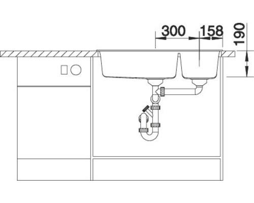 Zeichnung einer Spüle mit den Maßen 300, 158 und 190 Millimeter.