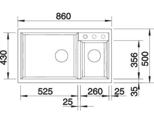 Technische Zeichnung einer Spüle mit Maßangaben
