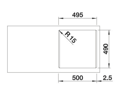 Technische Zeichnung einer Spüle mit Maßangaben