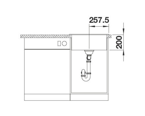 Technische Zeichnung eines Spülbeckens mit Maßangaben von 257,5 und 200 Millimeter.
