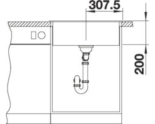 Technische Zeichnung eines Spülbeckens mit Maßen 307,5 und 200