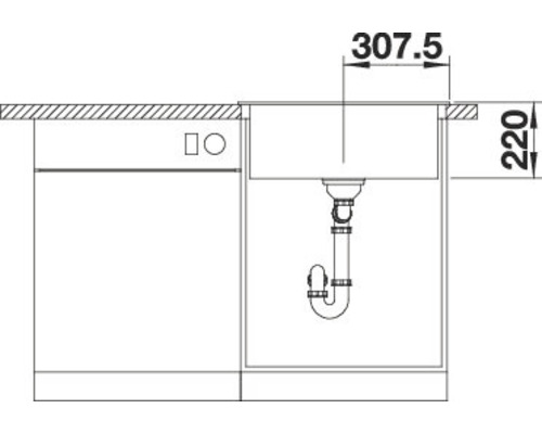 Skizze einer Spüle mit Siphon und zugehörigen Maßen.