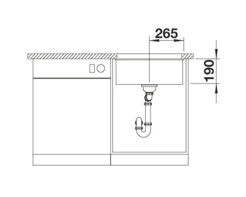 Skizze einer Spüle mit Maßangaben von 265 und 190